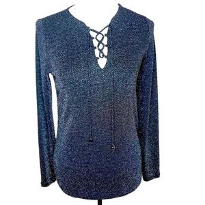 Michael Kors Black Shimmer Criss-Cross V-Neck Long Sleeve Top Size S Stretch